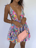 Yooulike Sequin Shimmer Floral A-Line Bowknot Deep V-Neck Backless Spaghetti Straps Sleeveless Fashion Cocktail Mini Dress