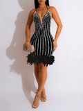 Yooulike Striped Shimmer Rhinestone Patchwork Feather Halter Neck Backless Sleeveless Clubwear Chic Fashion Cocktail Bodycon Mini Dress