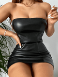 Yooulike Women Bodycon Pu Leather Bandeau Sleeveless Clubwear Elegant Fashion Casual Mini Dress