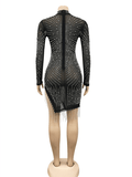 Yooulike Bodycon Mesh Irregular Rhinestone Pearl Fringe Slit High Neck Long Sleeve Fashion Cocktail Mini Dress