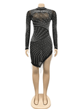 Yooulike Bodycon Mesh Irregular Rhinestone Pearl Fringe Slit High Neck Long Sleeve Fashion Cocktail Mini Dress