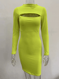 Yooulike Solid Chest Cutout Bodycon High Neck Long Sleeve Fashion Party Nightclub Mini Dress Outfits