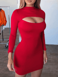 Yooulike Solid Chest Cutout Bodycon High Neck Long Sleeve Fashion Party Nightclub Mini Dress Outfits