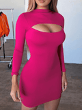 Yooulike Solid Chest Cutout Bodycon High Neck Long Sleeve Fashion Party Nightclub Mini Dress Outfits