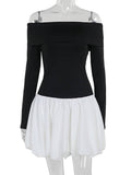 Yooulike White Black Hit Color Balloon Skirt Off Shoulder Long Sleeve Elegant Swee Cocktail Mini Dress Bubble Dress