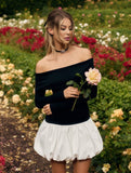 Yooulike White Black Hit Color Balloon Skirt Off Shoulder Long Sleeve Elegant Swee Cocktail Mini Dress Bubble Dress