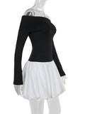 Yooulike White Black Hit Color Balloon Skirt Off Shoulder Long Sleeve Elegant Swee Cocktail Mini Dress Bubble Dress