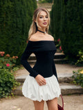 Yooulike White Black Hit Color Balloon Skirt Off Shoulder Long Sleeve Elegant Swee Cocktail Mini Dress Bubble Dress