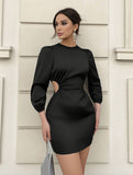 Yooulike Bodycon Dresses Cut Out Satin Round Neck Long Sleeve Trendy Chic Prom Cocktail Mini Dress Body-conscious Dress