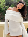 Yooulike Plus Size Women Off-Shoulder Boucle Dress Slim Long Sleeve Chic Vacation Mini Dress