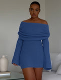 Yooulike Plus Size Women Off-Shoulder Boucle Dress Slim Long Sleeve Chic Vacation Mini Dress