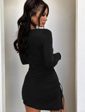 Yooulike Women Solid Color Ruffle Side Slit Round Neck Long Sleeve Fashion Club Bodycon Mini Dress