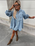 Yooulike Denim Dress Single Breasted Buttons Pockets Long Sleeve Women Elegant Fashion Loose Short Jean Mini Dress