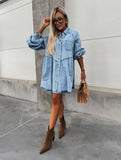 Yooulike Denim Dress Single Breasted Buttons Pockets Long Sleeve Women Elegant Fashion Loose Short Jean Mini Dress