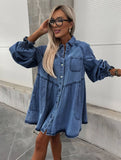 Yooulike Denim Dress Single Breasted Buttons Pockets Long Sleeve Women Elegant Fashion Loose Short Jean Mini Dress