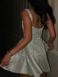 Yooulike Shiny High Rise A-Line Homecoming Mini Dress Sparkly Glitter U-Neck Backless Sleeveless Chic Elegant Cocktail Dress