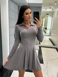 Yooulike Solid Color Bodycon Polo Neck Long Sleeve Elegant Chic Holiday Short Mini Dress Golf Outfit