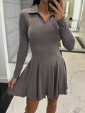 Yooulike Solid Color Bodycon Polo Neck Long Sleeve Elegant Chic Holiday Short Mini Dress Golf Outfit