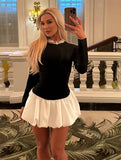 Yooulike Black White Hit Color Long Sleeve Bubble Dress Round Neck Elegant Chic Cocktail Mini Dress