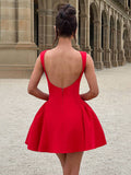 Yooulike Solid Color Boat Neck Backless Sleeveless Elegant Chic Cocktail Prom Short Skater Mini Dress