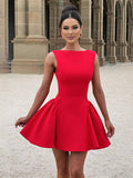 Yooulike Solid Color Boat Neck Backless Sleeveless Elegant Chic Cocktail Prom Short Skater Mini Dress