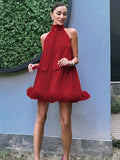 Yooulike Feather Hem A-Line Mini Dress Women Slim Halter Neck Backless Clubwear Chic Elegant Cocktail Mini Dress