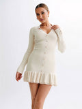 Yooulike Bodycon Knitwear Dress Pearl Single Breasted Flouncy Long Sleeve Elegant Casual Chic Prom Mini Dress