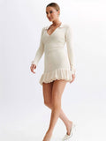 Yooulike Bodycon Knitwear Dress Pearl Single Breasted Flouncy Long Sleeve Elegant Casual Chic Prom Mini Dress