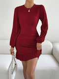 Yooulike Ruffle Hem Bodycon Dress Round Neck Lantern Sleeve Elegant Casual Chic Mini Dress