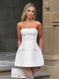 Yooulike Bandeau A-Line Mini Dress Pearl Pockets Backless Sleeveless Chic Elegant Prom Cocktail Short Skater