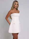 Yooulike Bandeau A-Line Mini Dress Pearl Pockets Backless Sleeveless Chic Elegant Prom Cocktail Short Skater