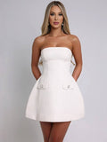 Yooulike Bandeau A-Line Mini Dress Pearl Pockets Backless Sleeveless Chic Elegant Prom Cocktail Short Skater