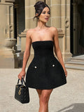 Yooulike Bandeau A-Line Mini Dress Pearl Pockets Backless Sleeveless Chic Elegant Prom Cocktail Short Skater