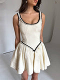 Yooulike A-Line Draped Hem Tweed Mini Dress U-Neck Spaghetti Straps Sleeveless Chic Elegant Prom Cocktail Mini Dress