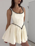 Yooulike A-Line Draped Hem Tweed Mini Dress U-Neck Spaghetti Straps Sleeveless Chic Elegant Prom Cocktail Mini Dress