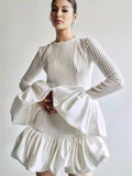 Yooulike Patchwork Ruffle A-Line Pleated Round Neck Bell Sleeve Long Sleeve Chic Elegant Prom Cocktail Mini Dress