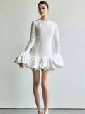 Yooulike Patchwork Ruffle A-Line Pleated Round Neck Bell Sleeve Long Sleeve Chic Elegant Prom Cocktail Mini Dress