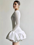 Yooulike Patchwork Ruffle A-Line Pleated Round Neck Bell Sleeve Long Sleeve Chic Elegant Prom Cocktail Mini Dress