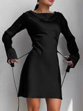 Yooulike Solid Color Round Neck A-Line Satin Dress Belt Flare Sleeve Long Sleeve Chic Elegant Cocktail Mini Dress