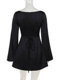 Yooulike Solid Color Round Neck A-Line Satin Dress Belt Flare Sleeve Long Sleeve Chic Elegant Cocktail Mini Dress