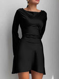 Yooulike Solid Color Round Neck A-Line Satin Dress Belt Flare Sleeve Long Sleeve Chic Elegant Cocktail Mini Dress