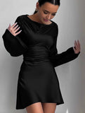 Yooulike Solid Color Round Neck A-Line Satin Dress Belt Flare Sleeve Long Sleeve Chic Elegant Cocktail Mini Dress