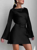 Yooulike Solid Color Round Neck A-Line Satin Dress Belt Flare Sleeve Long Sleeve Chic Elegant Cocktail Mini Dress