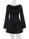 Yooulike Solid Color Round Neck A-Line Satin Dress Belt Flare Sleeve Long Sleeve Chic Elegant Cocktail Mini Dress