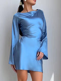 Yooulike Solid Color Round Neck A-Line Satin Dress Belt Flare Sleeve Long Sleeve Chic Elegant Cocktail Mini Dress