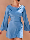 Yooulike Solid Color Round Neck A-Line Satin Dress Belt Flare Sleeve Long Sleeve Chic Elegant Cocktail Mini Dress