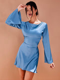 Yooulike Solid Color Round Neck A-Line Satin Dress Belt Flare Sleeve Long Sleeve Chic Elegant Cocktail Mini Dress