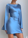 Yooulike Solid Color Round Neck A-Line Satin Dress Belt Flare Sleeve Long Sleeve Chic Elegant Cocktail Mini Dress