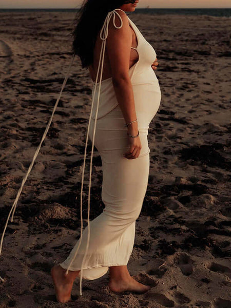 blue dress for baby girl Momyknows White Floral Cut Out Off Shoulder Backless Cami Big Swing Elegant Vacation Maternity Hobo Photoshoot Baby Shower Maxi Dress White / Xs