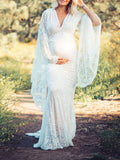 Yooulike White Lace Trumpet Mermaid V-Neck Long Sleeve Elegant Boho Fashion Wedding Gown Photoshoot Maternity Maxi Dresses